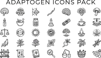 A comprehensive set of black and white line icons representing various adaptogen herbs mushrooms and natural wellness elements