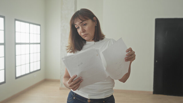 Middle aged woman holding a stack of papers, reading and frowning while standing in an empty building room in a white tshirt and jeans; worry decision.