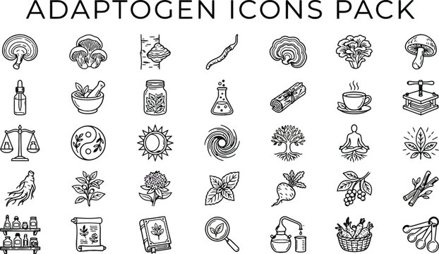 A comprehensive set of black and white line icons representing various adaptogen herbs mushrooms and natural wellness elements