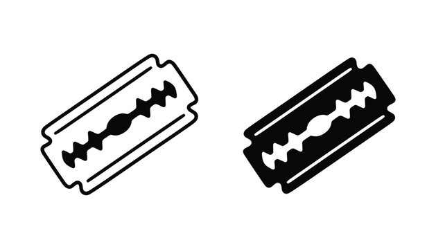 Vintage razor blade icon set for grooming and hygiene in outline and solid black glyph vector style