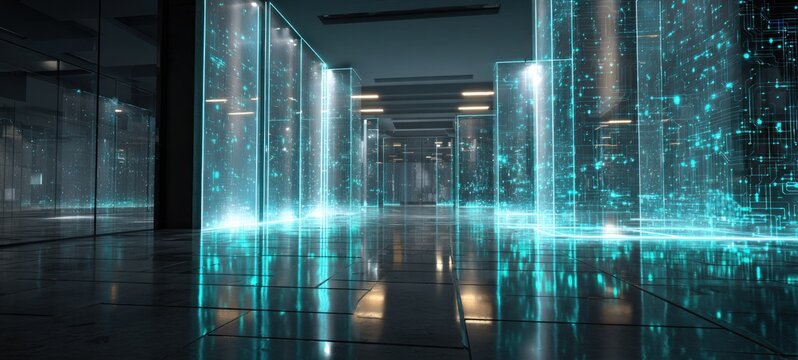 Modern data center interior with futuristic lighting and abstract elements