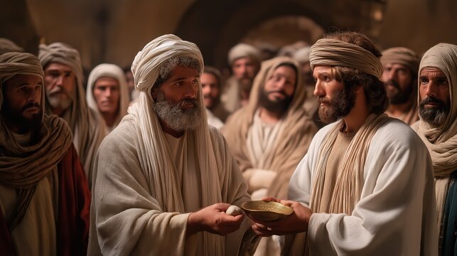 A tense sanctuary scene where Ahimelech provides David consecrated bread and the sword of Goliath under nervous priestly watch and soft temple light.