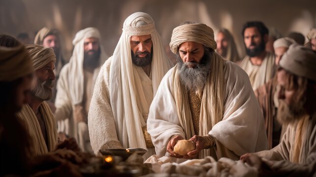 A tense sanctuary scene where Ahimelech provides David consecrated bread and the sword of Goliath under nervous priestly watch and soft temple light.