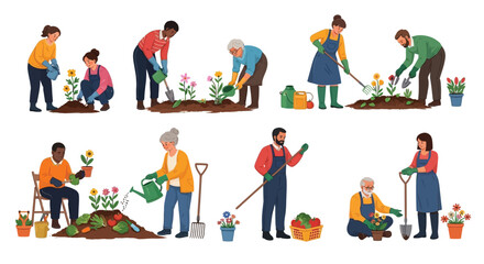 Fototapeta premium People from different age groups and ethnicities are gardening together outdoors in a community setting with flowers and plants.