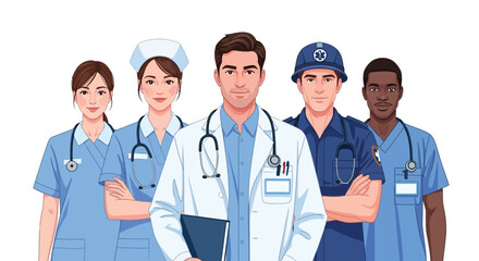 Fototapeta premium Medical professionals standing together in a hospital setting wearing scrubs