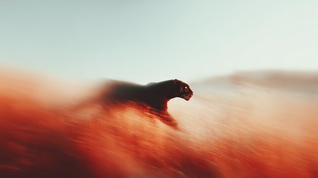 A black panther swiftly moves through blurred red grass under a bright sky, creating a dynamic and mystical scene.