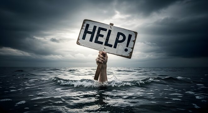 Person holding help sign standing in rough water