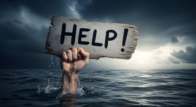 Person holding help sign in dark water