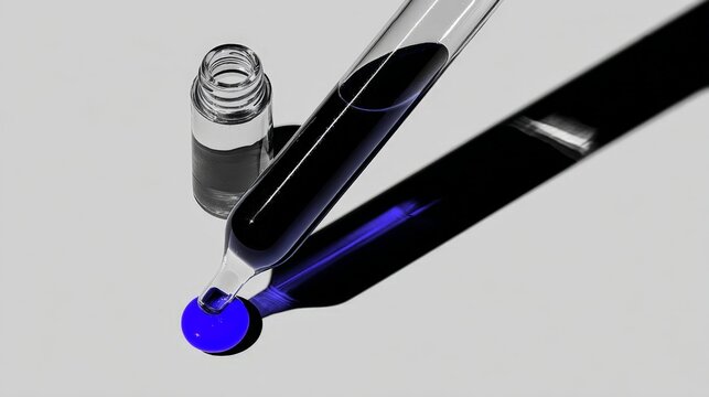Bright blue liquid drips from a pipette. Tiny droplet forms on the surface below. Glass vial stands nearby, empty and clean. Studio lighting casts sharp, defined shadows