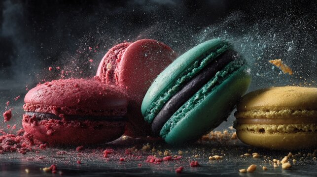 Colorful macarons tumble across a dark, gritty surface. Powder bursts in motion, adding drama and texture. Rich hues of red, blue, and gold catch the eye. The scene evokes indulgence, joy