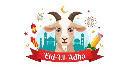 Fototapeta premium Joyful Eid al-Adha illustration featuring a cute goat and mosque silhouettes