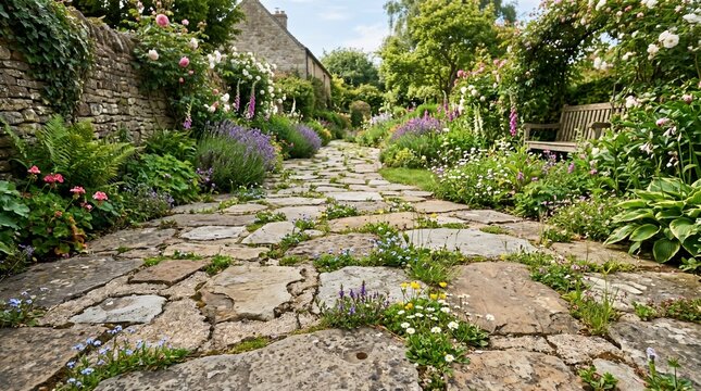 old stone wall with flowers