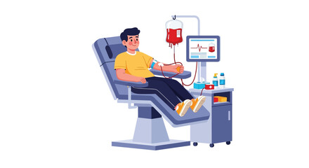 Naklejka premium A man donates blood at a medical facility sitting comfortably