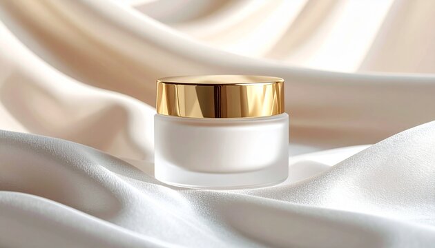 Mockup tarro de crema cosm&eacute;tica de vidrio esmerilado con tapa dorada sobre seda, fondo neutro e iluminaci&oacute;n suave, estilo minimalista