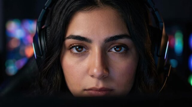 Female with headphones concentrates on a screen in a dimly lit room during a night session