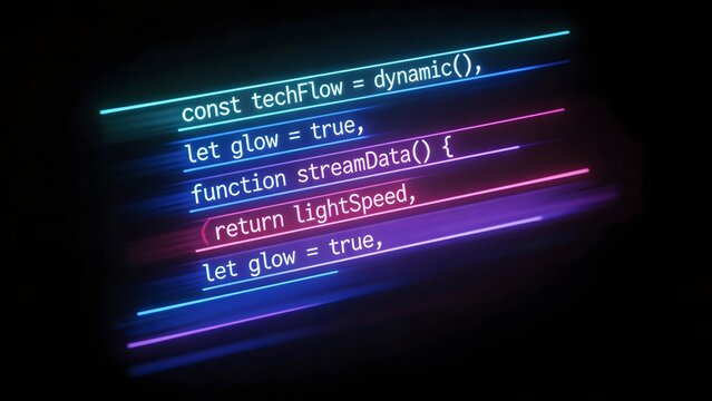 Colorful glowing code text on dark background