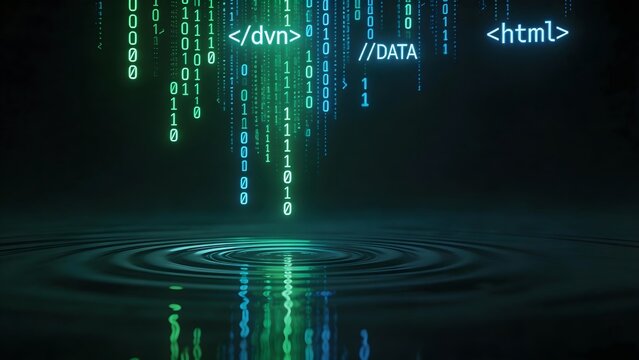 Digital code falling into water