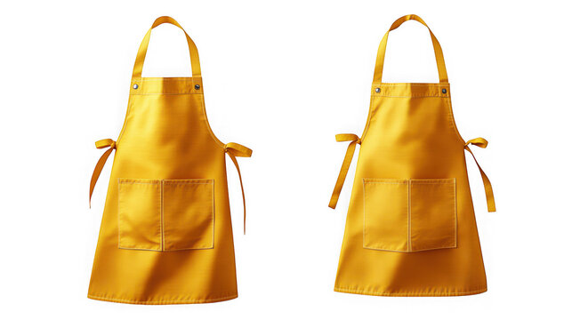 Bright yellow kitchen aprons with pockets and tie straps, front view as isolated on transparent background