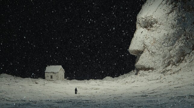 A snowy landscape featuring a solitary house and a giant face sculpture, amidst a serene, starry night sky.
