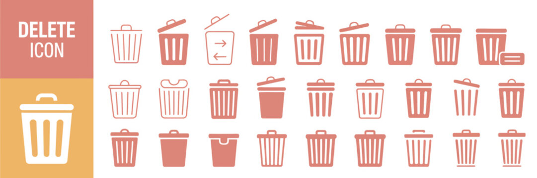 Delete icon set featuring trash can symbol, rubbish bin sign, and delete button representing file removal, data clearing, and digital discard action concept.