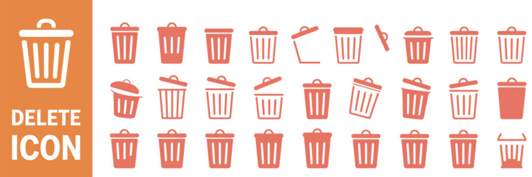 Delete icon set featuring trash can symbol, rubbish bin sign, and delete button representing file removal, data clearing, and digital discard action concept.