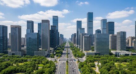 Naklejka premium Modern Skyscrapers and Wide Avenue in a Futuristic City - Aerial View