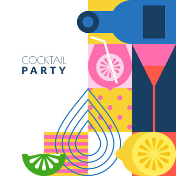 Cocktail party invitation banner. Abstract vector design with drinks, bottle and lemon. Modern bar event poster