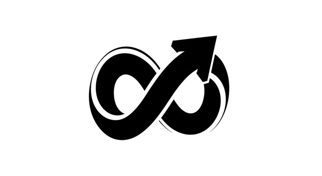 Black infinity symbol icon with an arrow showing continuous growth and progress design