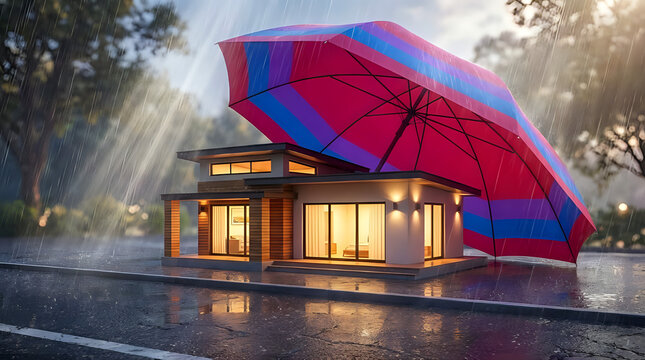 Modern miniature house protected by a large umbrella from heavy rain with miniature, architecture