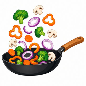 Black Frying Pan Silhouette Tossing Fresh Vegetables Vector Art