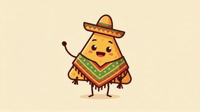 Cute cartoon nacho character wearing sombrero and poncho. Funny mexican snack mascot celebrating Cinco de mayo. Cheerful food animation for festive party design.