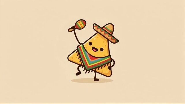 Cartoon nacho chip dancing with maraca for celebration. Cute mexican snack character wearing sombrero and poncho enjoying rhythm. Festive fun culinary animation.