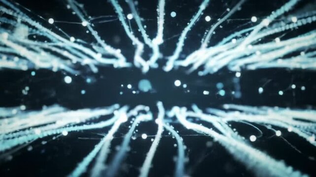 luminescent, abstract data streams and glowing nodal connections move dynamically across a minimalist dark background with bokeh, enhanced by a slow dolly push-in and orbital rotation, conveying