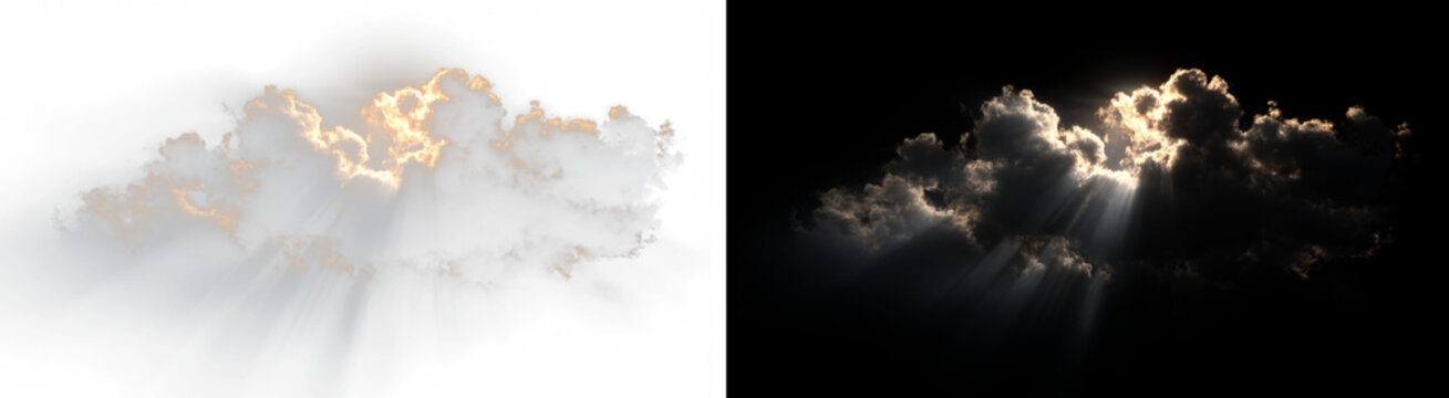 Golden sunset clouds with divine light rays streaming through isolated on transparent background.