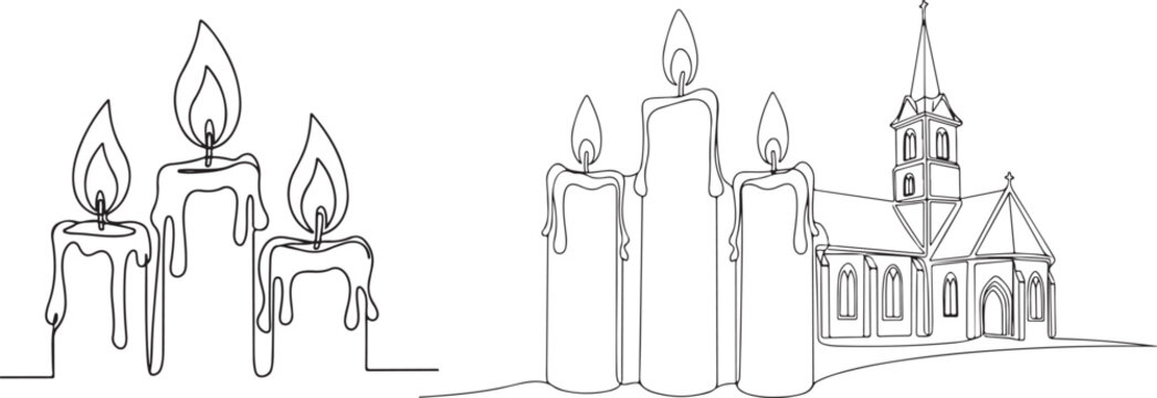 One line continuous three candle. Silhouette of burning memorial ceremony church tradition. Digital white single line sketch drawing vector illustration