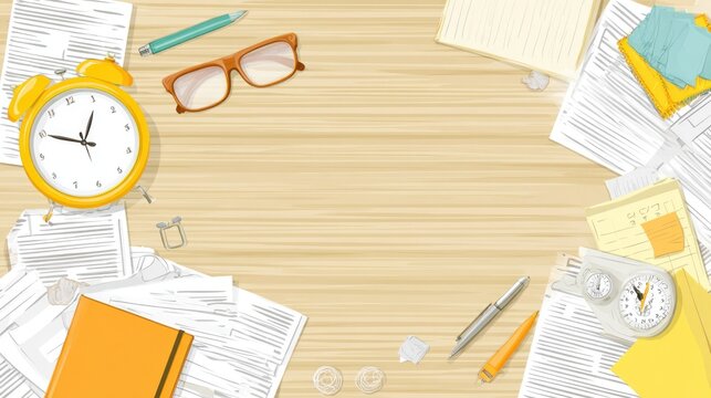 Overhead view of a cluttered wooden desktop featuring stationery and timekeeping devices