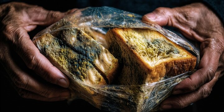 Hands holding moldy bread in plastic bag.