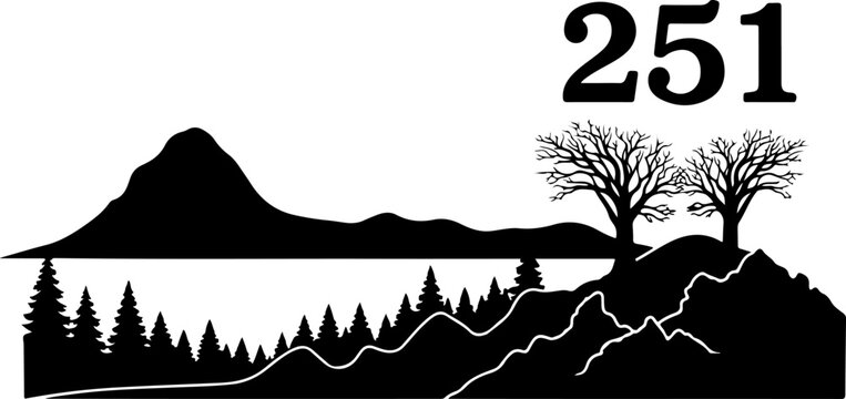 Black silhouette landscape icons, mountain and tree set, 251 elements, vector graphics