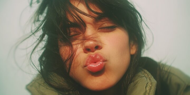 Close-Up of Woman Blowing Kiss, Wavy Hair, Green Jacket