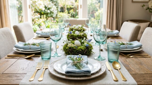 Elegant Table Setting with Greenery Centerpiece and Fine China