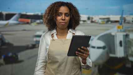 Woman in apron holding tablet with fingers visible at airport terminal  concentration work responsibility. © Krakenimages.com