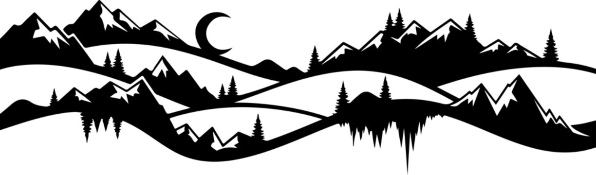 Mountain range landscape silhouette, wavy line design, black vector border, scenic mountain landscape