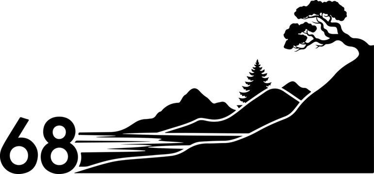 Black silhouette landscape icons, 68 mountain and tree graphics, vector graphics set