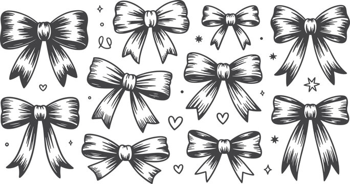 Set of handdrawn bows and ribbons