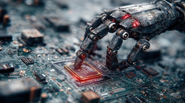 Cybernetic manipulator delicately touches illuminated central processor on complex electronic circuit board