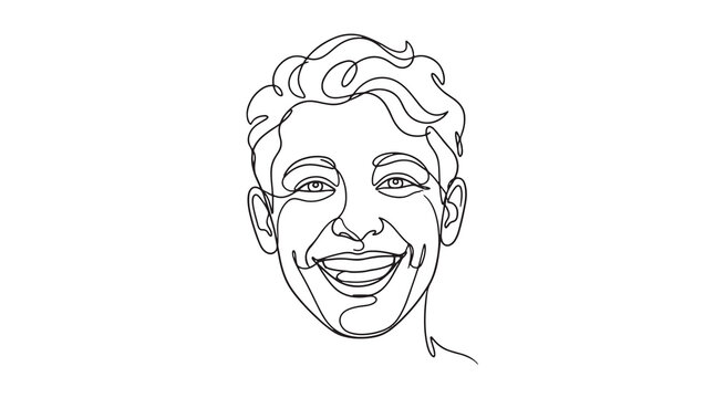 Line art portrait of a happy young man with curly hair smiling broadly, perfect for design projects