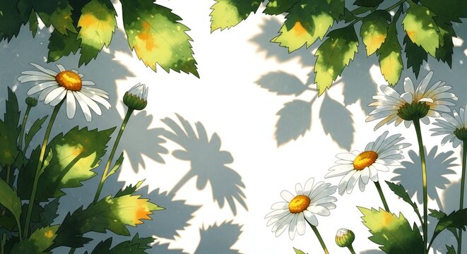 Luminous watercolor illustration of white chamomile flowers and leaves with copy space. Sunlight filters through the foliage casting soft shadows on a wall, creating a natural aesthetic for blogs.