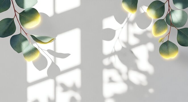 Green eucalyptus branches in a sunlit room, with copy space. Soft window shadows on the white wall create a calm atmosphere for interior design blogs and wellness websites.