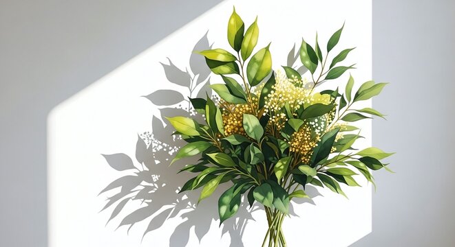 Luminous watercolor bouquet of green leaves and yellow mimosa flowers against a white wall, with copy space. This elegant botanical art is perfect for blogs, websites, and floral clip art.