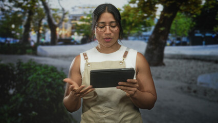 Woman in apron holding a tablet and gesturing with her hand on a street plaza, reading and tapping the screen  focus. © Krakenimages.com